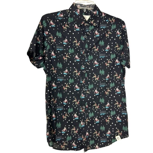 Free Planet‎ Skiing Santa Clause Christmas Button-Up Shirt - Men's Size Small - Picture 1 of 7